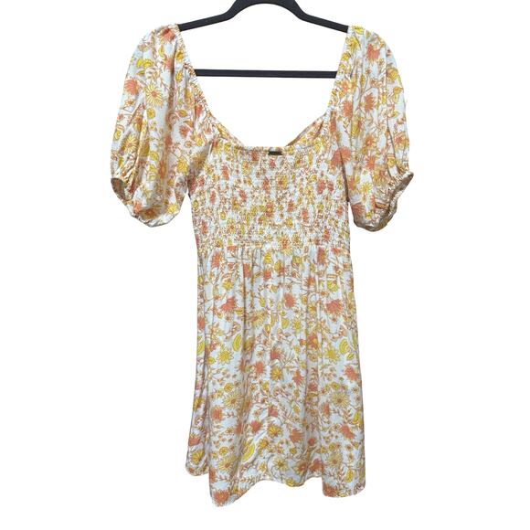 Billabong Loving Life Puff Sleeve Mini Dress Yellow Floral - Size L - Picture 4 of 7